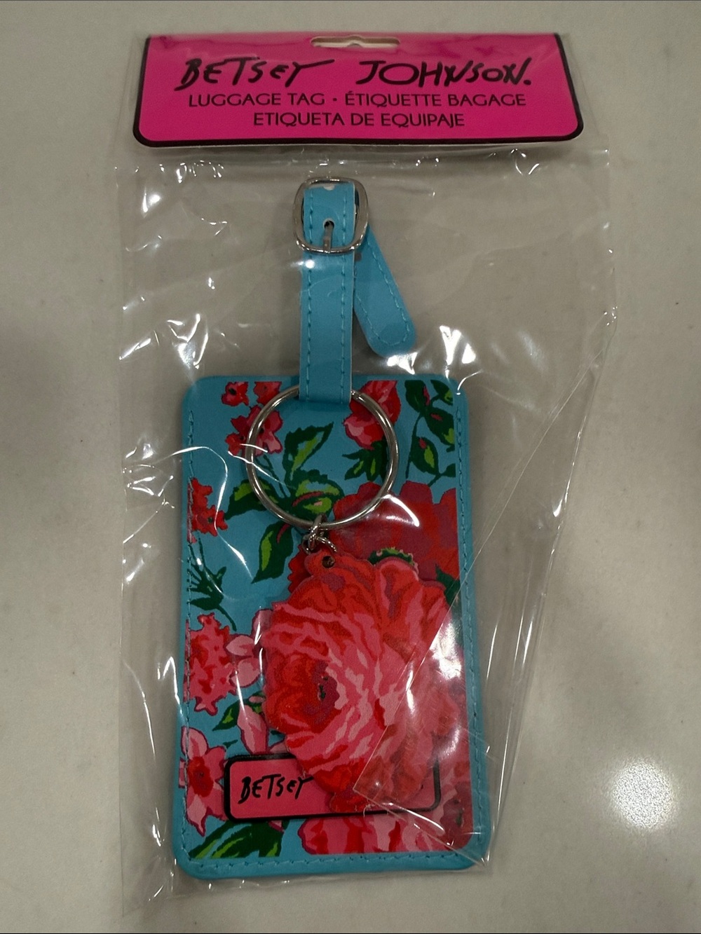 Betsey Johnson Turquoise Floral Key & Card Holder with Pink and Red Roses